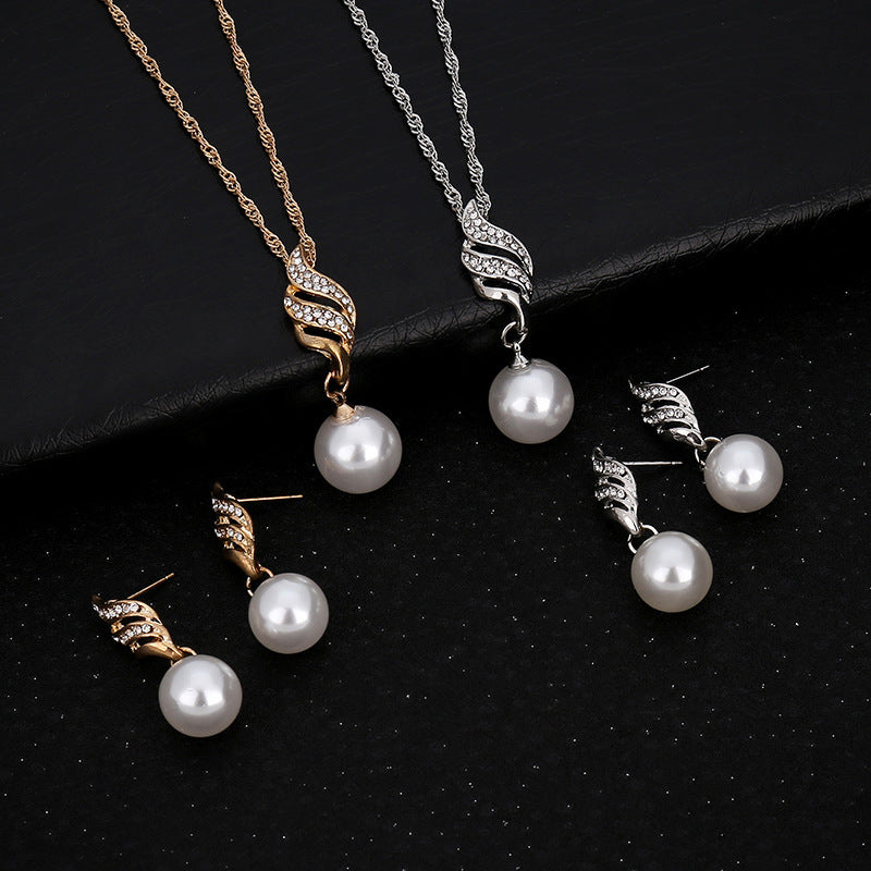 Pearl Necklace & Wavy Earrings Bridal Set