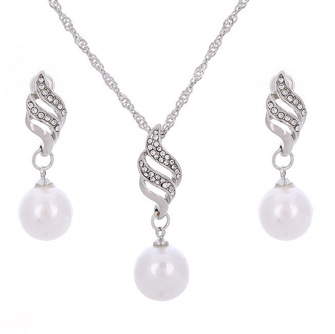 Pearl Necklace & Wavy Earrings Bridal Set